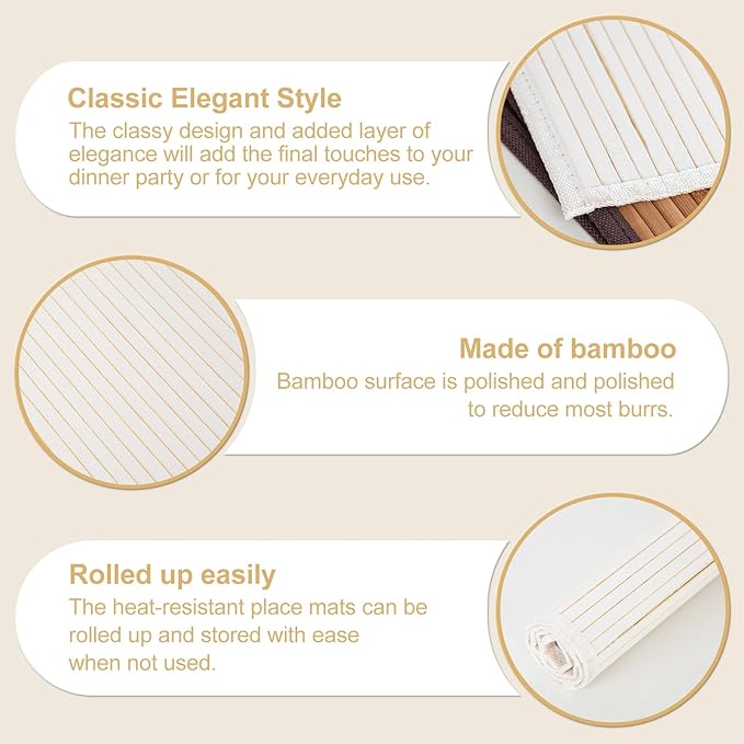 Bamboo Placemats with Fabric Border Set of 4 Natural Bamboo Rectangular Rolling Table Mats for Dining Kitchen Table Heat Resistant Table Protection White