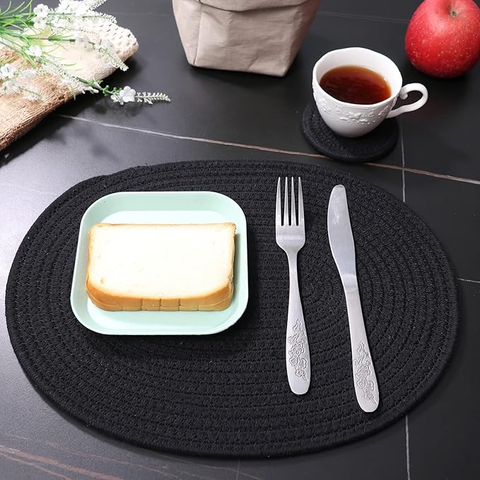 Braided Placemats Set of 6, Cotton Fabric Oval Table Mats Non Slip Washable 16 * 12 inch Oval Place Mats, 6 Pack Black Cotton Rope Woven Placemats