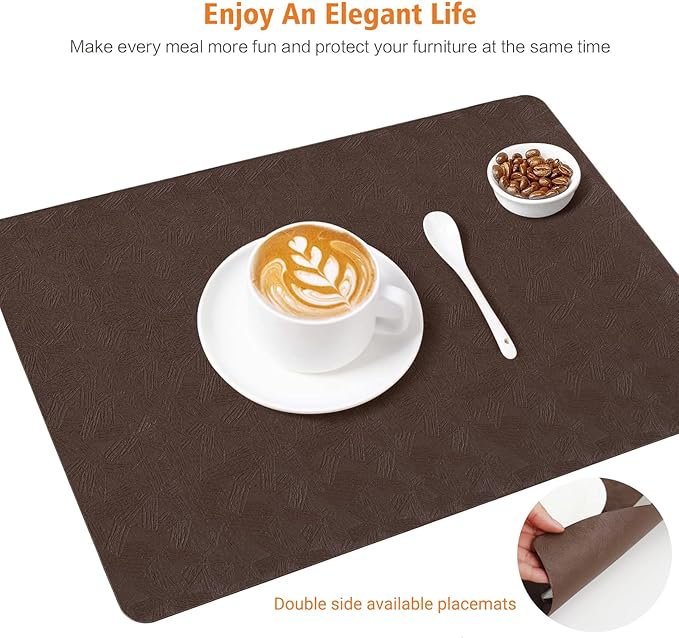 Vinyl Placemats Set of 4 Heat Resistant Easy Clean Non-Slip Place Mats for Dining Table Faux Leather Waterproof Stain Resistant Wipeable Washable PVC Table Mats(4, Brown)
