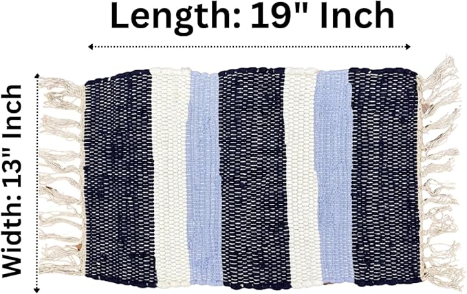 Perilla Home Placemat Set of 4 - Cotton Linen Blend Square Placemats - Farmhouse Rustic Woven Bohemian Machine Washable Table Mats with Tassels for Dining Table Decor (Dark Blue Sky Blue & White)