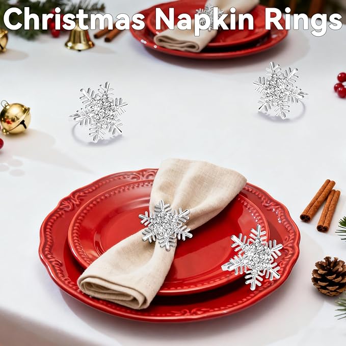 ZeeDix Christmas Silver Snowflake Napkin Rings Set of 8, Napkins Ring for Dinning Table - Rustic Dinner Tables Decoration for Wedding Receptions Christmas Thanksgiving Holiday Party Dinner Parties