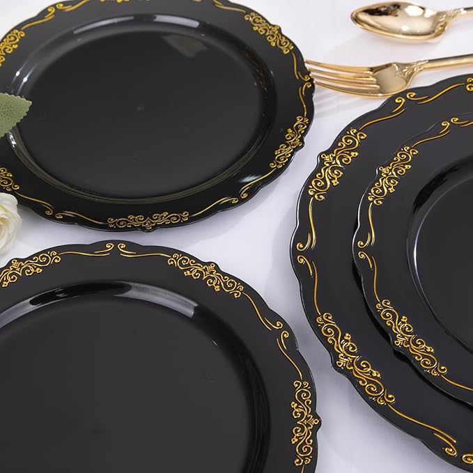 DaYammi 150Pcs Black Gold Plastic Plates & Plastic Silverware,Black Disposable Plates for Party Include 30 Dinner Plate,30 Dessert Plate,30 Knives,30 Forks,30 Spoons,black plates for Party Wedding