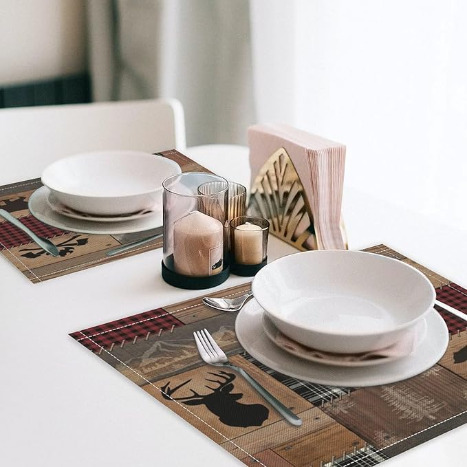 Vintage Bear Deer Placemats Rustic Wildlife Moose Forest Animal Cabin Lodge Lake Pine Heat-Resistant Linen Table Place Mats for Dining Kitchen Country Camp Style Farmhouse Decor 6 PCS, Countryside-7
