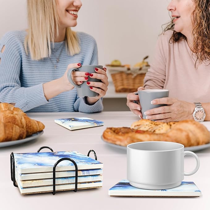 Blue Absorbent Ceramic Coasters for Drinks with Black Holder and Cork Base Set of 4, Square Decorative Coffee Table Decor for House Warming Gifts New Home