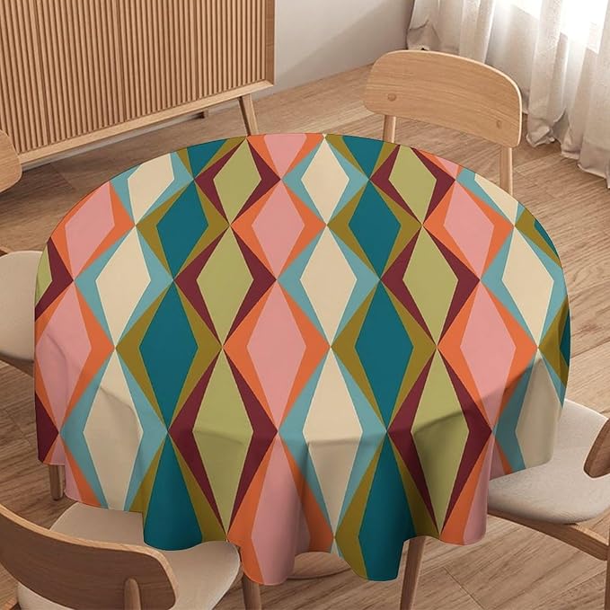 Abstract Geometric Boho Round Tablecloth, Retro Modern Mid Century Tablecloth for Home Party Dining Room Kitchen Decor 36Inch(90cm)