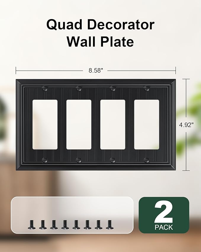 2-Pack Classic Beadboard Quad Decorator Wall Switch Cover, Black Decorative Switch Plates and Outlet Covers, Natural Bamboo Fiber 4 Gang Wall Plate for Electrical Outlets, Receptacle, GFCI Outlet