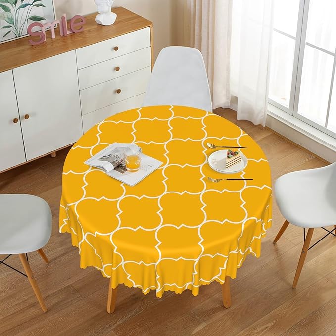 Laeacco 24 Inch Morocco Round Tablecloth Orange Geometric Lattice Modern Abstract Art Print Table Cloth Washable Waterproof Wrinkle Free Table Cover for Kitchen Dining Picnic Party Decoration