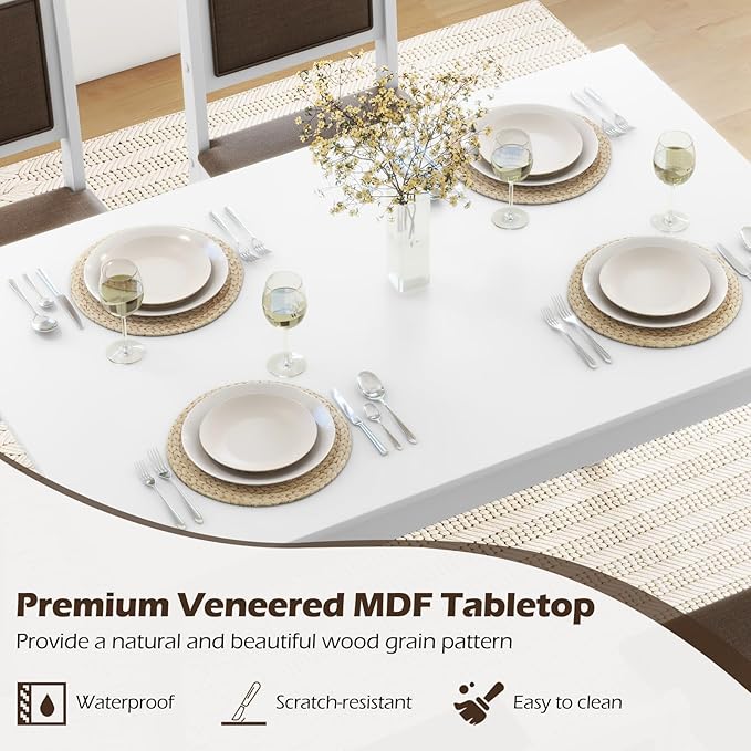 POWERSTONE Farmhouse Wood Dining Table Set for 4, Space-Saving Kitchen Table 4 Chairs Paded PU Leather, Rectangular 5 Piece Dining Table Set 4 Rubberwood Legs Chairs for Kitchen Indoor Dinner (White)