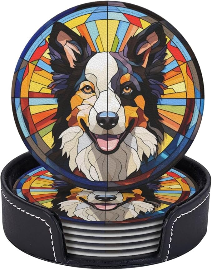 Drink Coaster Set of 6, Border Collie Dog Mom Lover Gift,Leather Drink Coasters with Holder,6 Pack Cup/Bar/Drink Coasters for Table/Drinks/Coffee Protection Housewarming Gift