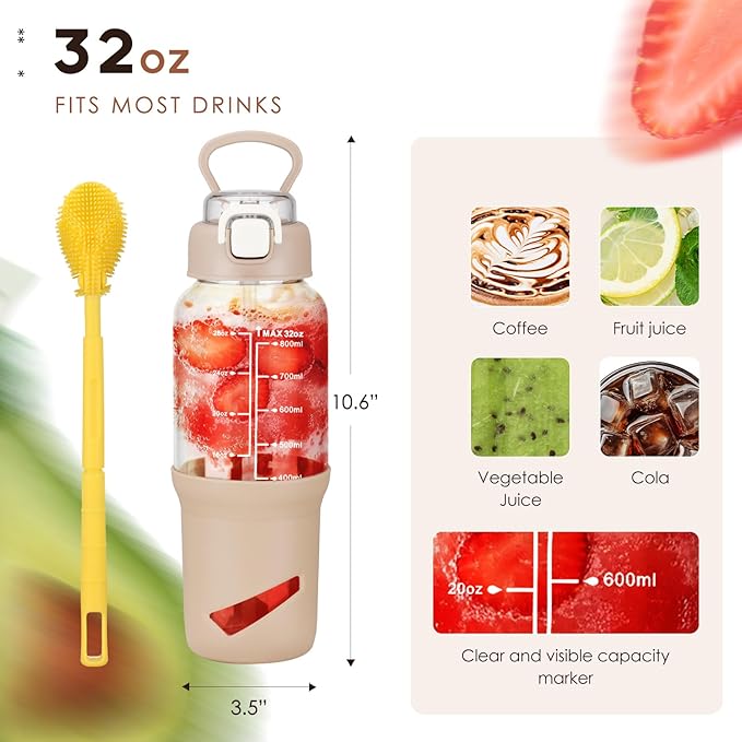 SIEROZUR 32 oz Glass Tumbler with Straw, Glass Water Bottles with 2 Lids-Handle Spout Lid & Straw Lid, 1 Liter Motivational Water Bottles, Silicone Sleeve, Fits Car Cup Holder,Amber