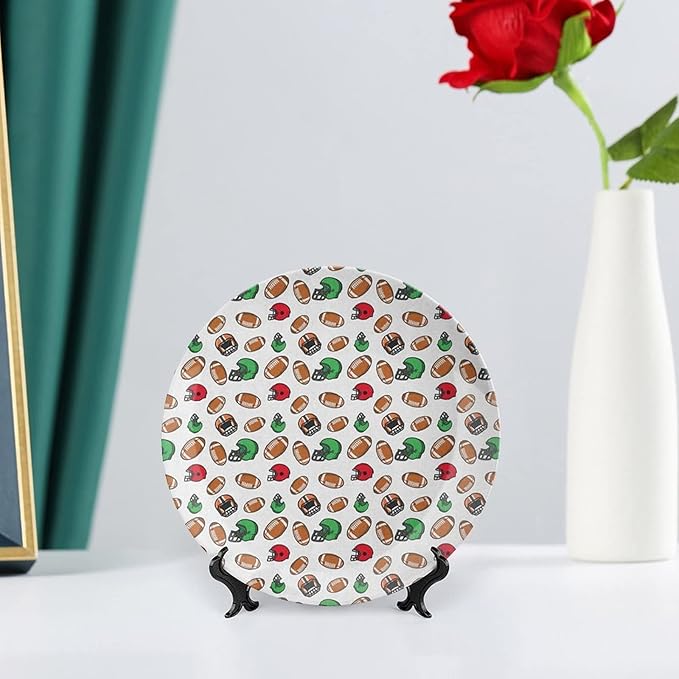 Ceramic Display Plate, American Football Ceramic Hanging Decorative Plate, Cartoon Style Rugby Icons Balls American, 6 Inch, Household Custom Ceramic Plate, Multicolor