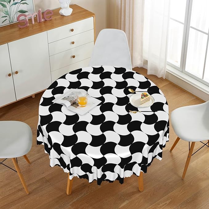 Laeacco 42 Inch Geometric Round Tablecloth Black and White Abstract Pattern Modern Art Print Table Cloth Washable Waterproof Wrinkle Free Table Cover for Kitchen Dining Picnic Party Decoration