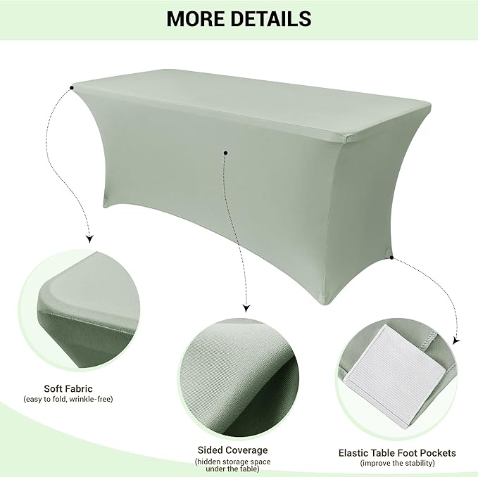 Obstal 6 Pack Stretch Spandex Table Covers for 6 Foot Tables - 6 FT Rectangular Fitted Tablecloth Protector for Wedding, Banquet, Party (Sage Green, 72'' Length x 30'' Width x 30'' Height)