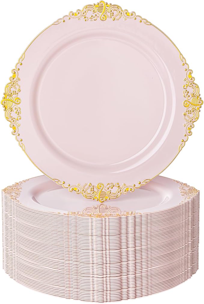 Nervure 100PCS Pink and Gold Plastic Plates - 7.5 inch Pink Plastic Plates with Gold Rim - Disposable Dessert Plate for Wedding & Party