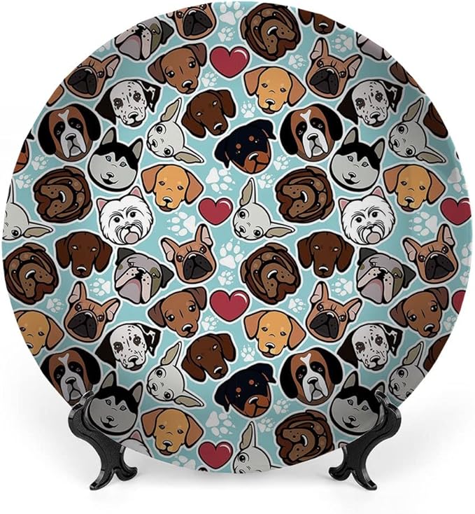 Ceramic Plates, Dog Lover Decorative Ceramic Plates, Canine Breeds Bulldog Chihuahua Siberians and Retriever, 10 Inch, Household Plates Decorative, Multicolor