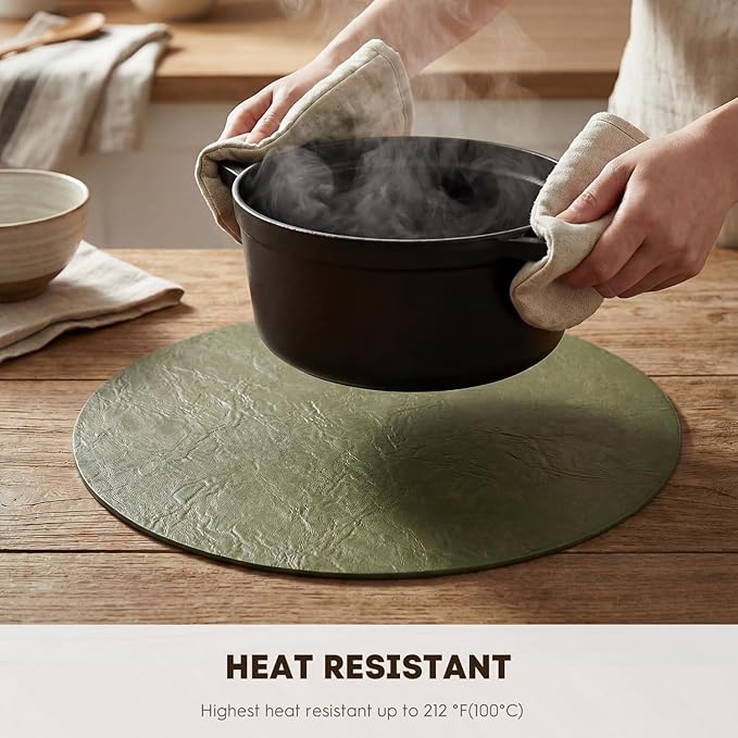 Artoid Mode Olive Green Faux Leather Placemats Set of 4, 15 Inch Waterproof Wipeable Heat Resistant Vinyl Place Mats, Reversible Table Mats for Kitchen Dining Decor