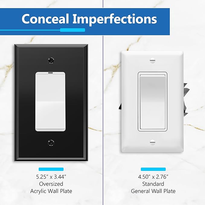 LIDER Reflective Acrylic Decorator Wall Plate, Mirrored Light Switch Plate, Plexiglass Outlet Cover, Acrylic Glass, Oversized 1-Gang 5.25" x 3.44", LWP-31O-ABK5P, Black, 5 Pack