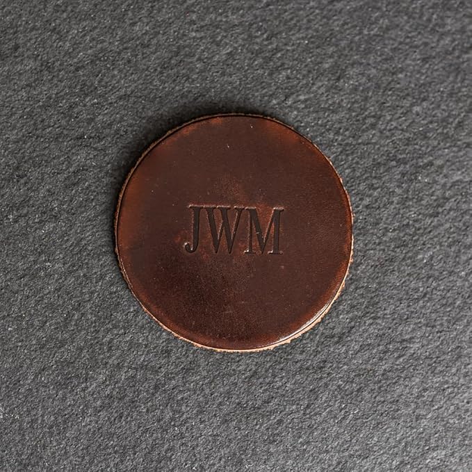 Ox & Pine Personalized Leather Coaster - Sold Individually or in Sets of 4 - Customize Inscription - 100% Full-Grain Leather – 4" Round or 4" Square (Round, Black, 1 Individual Coaster)