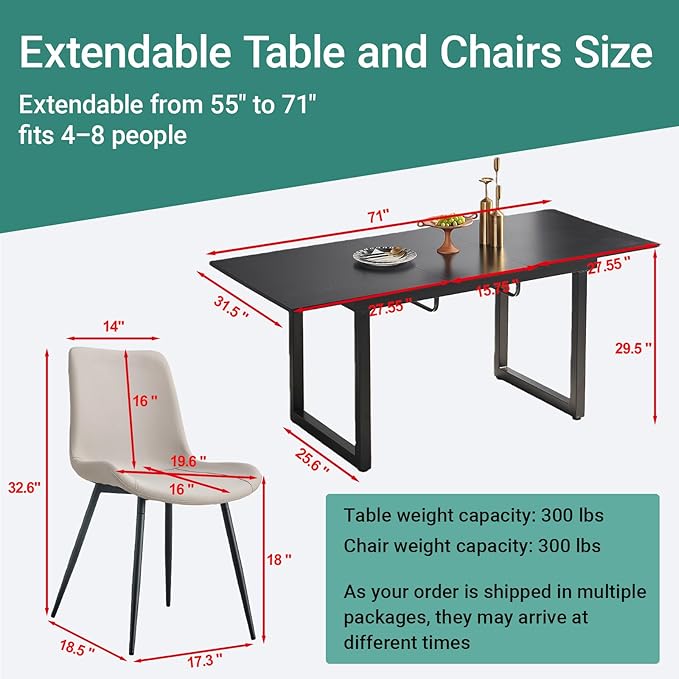 Extendable Dining Table Set for 6, 55"–71" Modern Black Kitchen Table with 6 Upholstered Chairs, Space-Saving for Living Room Apartment, Sturdy & Comfortable, Easy Assembly