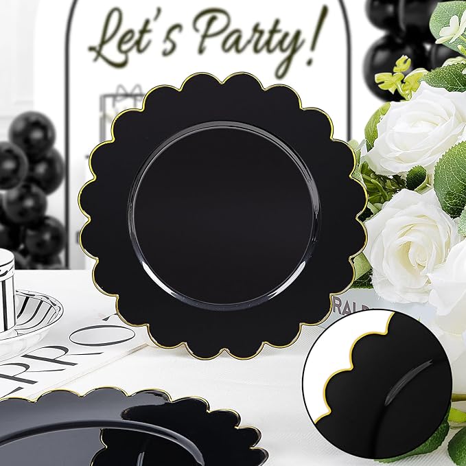 LIYH 100 Pcs Black Plastic Scalloped Plates - Disposable Dessert Plates with Elegant Gold Rim Cake Plate Disposable for Salad Parties Cass Reunions Wedding
