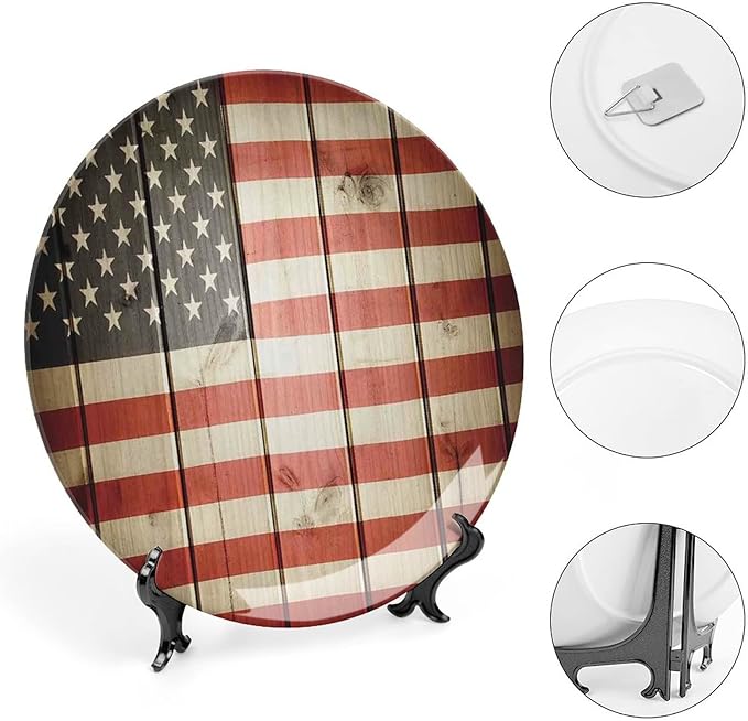 Ceramic Display Plate, American Flag Decor Ceramic Hanging Decorative Plate, USA Flag Over Vertical Striped Wooden Board, 6 Inch, Household Custom Ceramic Plate, Blue Red