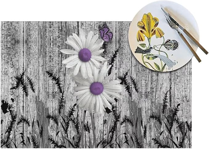 Placemats Set of 4 Rustic Floral Place Mats Farmhouse Daisy Woven Table Mats Washable Purple White Flower PVC Placemat for Dining Kitchen Decor Indoor Outdoor, 12 x 18 Inch