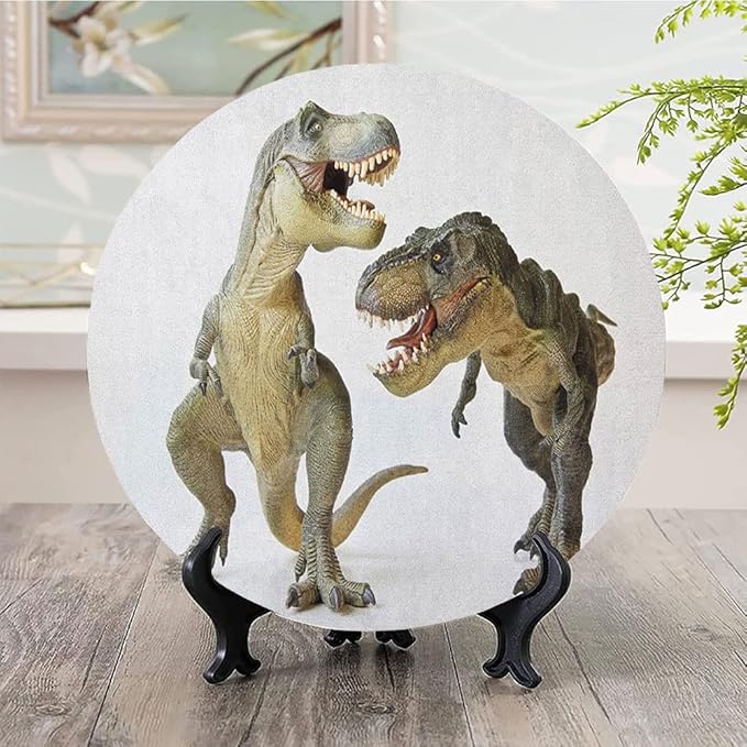 Decorative Plates, Dinosaur Print Ornament, Tyrannosaurus Rex Pair Facing Off Ferocious Creatures, 8 Inch, Kitchen Wall Decor, Ivory Brown Grey