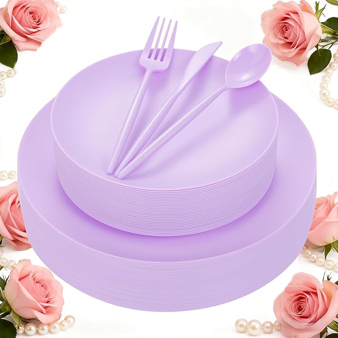 EI 150pcs Purple Plastic Plates for Party,Fancy Disposable Plates,Heavy Duty Plastic Dinnerware Set for Wedding,Easter,Afternoon Tea Party,Spring,Mother's Day,Valentine's Day