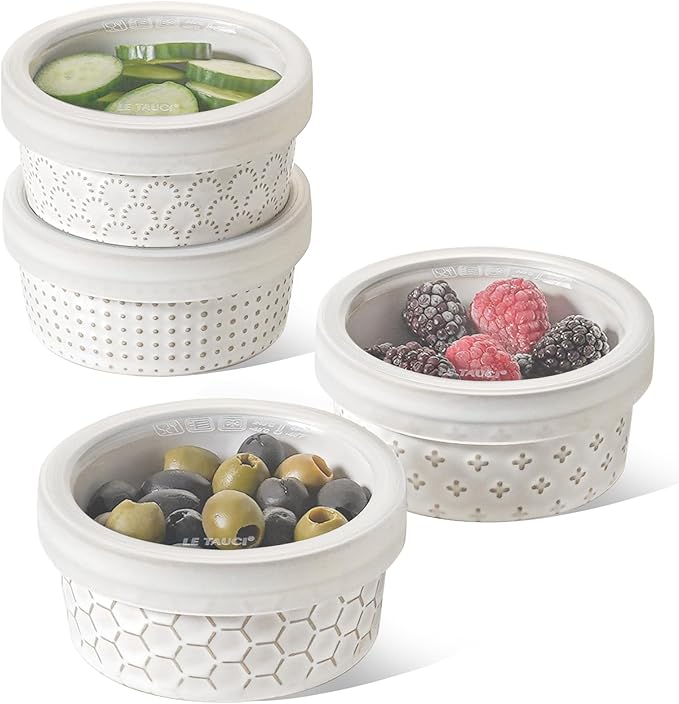 LE TAUCI Ramekins Oven Safe with Lids, 6 oz Ramikin Set for Creme brulee, Souffle, Dipping Sauces, Ceramic Food Storage Containers, Baking Dishes - 4.2 inch, Set of 4, Arctic White