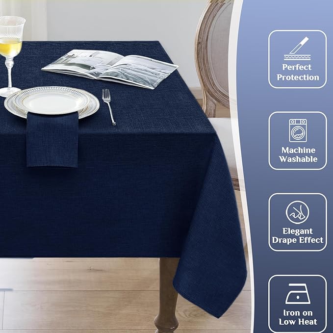 Softalker Extra Lang Navy Blue Tablecloths 60x144 inch Rectangular Faux Linen Table Cloth Outdoor Waterproof Stain and Wrinkle Resistant Table Cover for 6/8 Foot Rectangle Tables for Party Graduation
