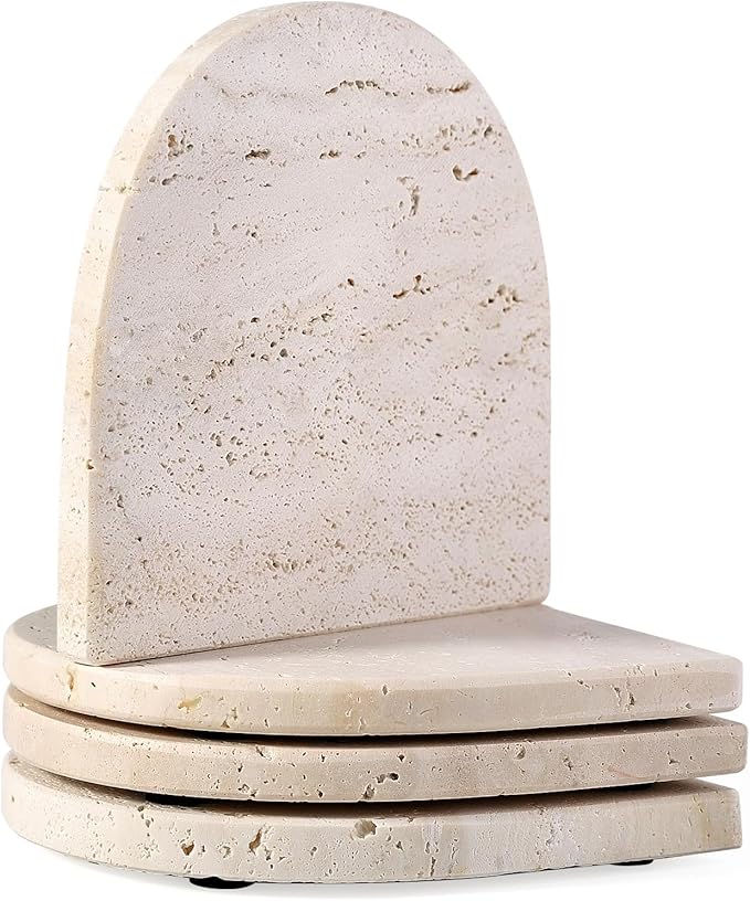 Koville Travertine Coaster Set of 4, Natural Marble Coasters for Drinks, 4" Stone Coasters Modern Arch Shape Heat Resistant, Decorative Marble Coaster for Table Home Decor(Beige)
