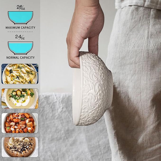 Artena Ceramic Cereal Bowls 26 OZ, Embossment Soup Bowls for Kitchen, Rice, Pasta, Salad, Breakfast, Lunch, Dinner - 6 Inch, Set of 6, White, Dishwasher & Microwave Safe, Flower
