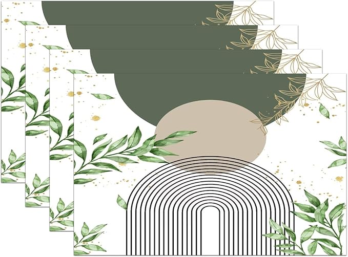Boho Sage Green Placemats Abstract Bohemian Mid Century Modern Gold Leaves Plant Olive Grey Minimalist Washable Place Mats 12x18Inch for Dining Kitchen Farmhouse Decor 6 PCS