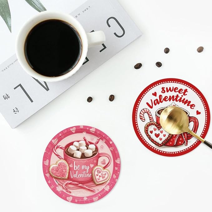 Sweetheart Coasters for Drinks with Holder Round Leather Coasters Set of 6 Cups Mugs Mat Pad for Home Kitchen Bar