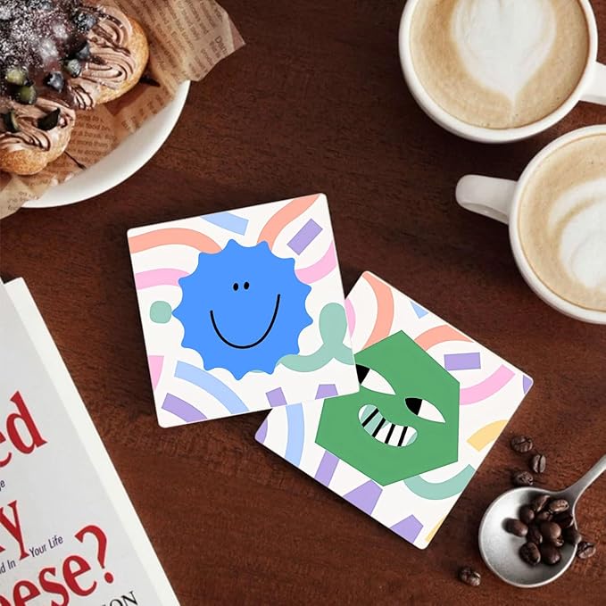 MAYCARI Cartoon Funny Grimace Face Coasters Set of 6 Cork Backed Cute Coasters with Metal Holder Original Ceramic Surface Drink Cup Mats for Tabletop Protection Modern Desk Decoration Birthday Gifts