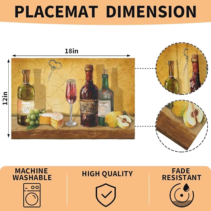 Wine Grapes Placemats Set of 4, Washable Elegant Vintage Placemats, Non-Slip Table Rectangle Linen Place Mats for Kitchen Dining Party Home Indoor Table Decor, Present for Wine Enthusiasts