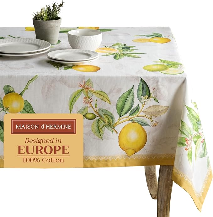 Maison d' Hermine Table Cloth Rectangle Table 100% Cotton 60 x 120 Inches Tablecloth Reusable Decorative for Dining Room Farmhouse Home Valentines Day Decorations Spring Summer - Limoncello