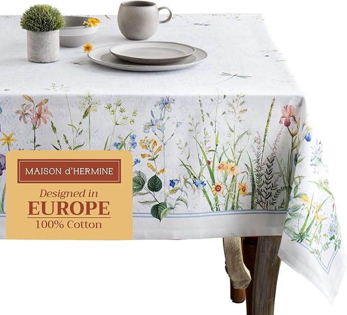 Maison d' Hermine Table Cloth Rectangle Table 100% Cotton 70 x 90 Inches Tablecloth Reusable Decorative for Dining Room Farmhouse Home Valentines Day Decorations Spring Summer - Fleurs De Mai