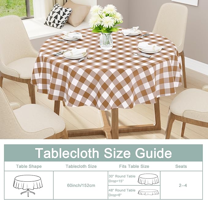 misaya Round Waterproof Vinyl Table Cloth, Buffalo Flannel Backed Tablecloth, Wipeable Plastic Table Cover for Dinner, Kitchen, Picnic (60", Brown and White)