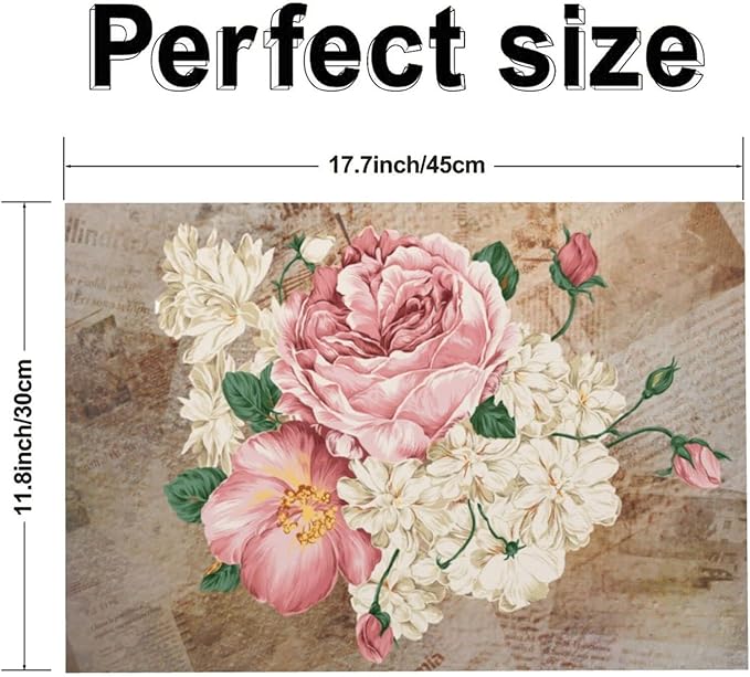 Vintage Rose Placemats Set of 4 Washable Table Place Mats for Dining Kitchen Party Decor