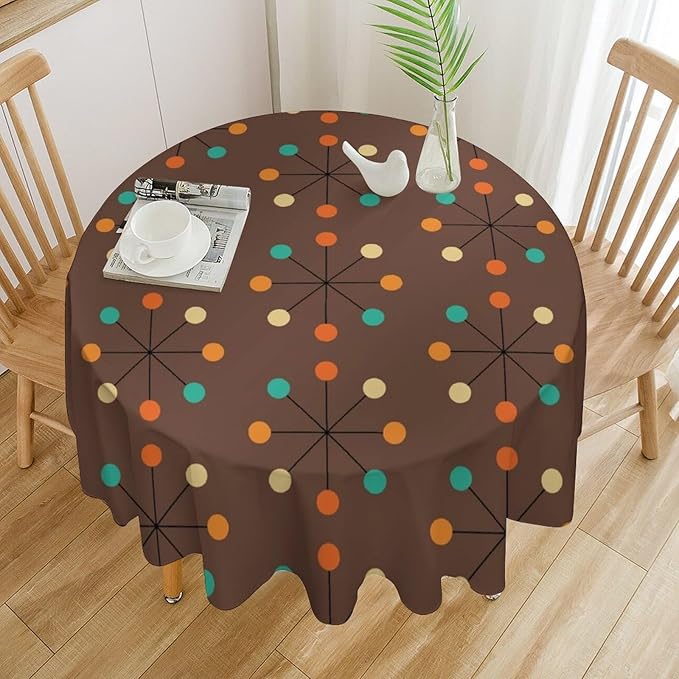 Mid Century Boho Round Tablecloth, 50s Mid Century Modern Geometric Pattern Tablecloth for Home Party Dining Room Kitchen Decor 50Inch(127cm)