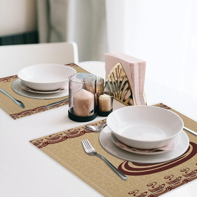Vintage Coffee Theme Placemat Set, Minimal Rustic Farmhouse Brown Beige Geometric Coffee Cup Beans Seamless Pattern Home Decor Linen Table Mats for Dining Room Kitchen Party (17x12in) x6P