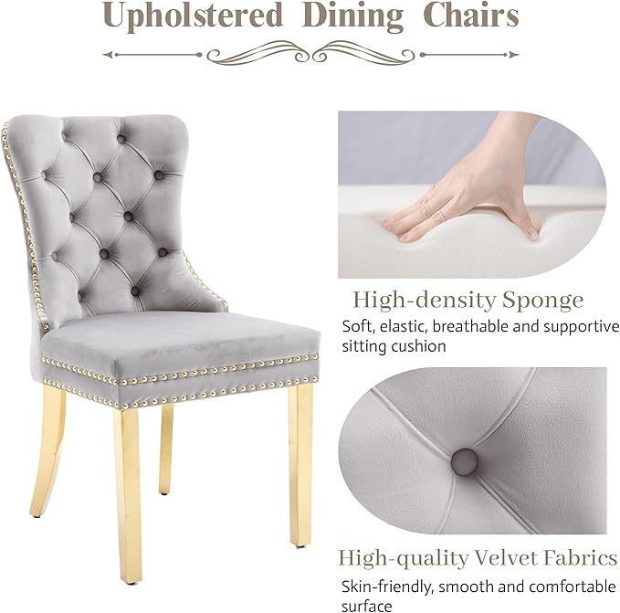 KCC Velvet Dining Chairs Set of 6, Upholstered High-end Tufted Dining Chair with Nailhead Back Ring Pull Trim Stainless Steel Legs, Contemporary Nikki Collection Modern Style for Kitchen, Light Gray