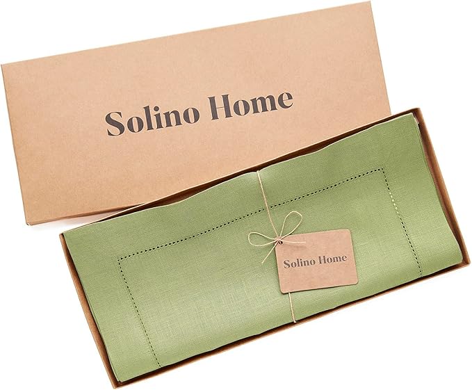 Solino Home Linen Moss Green Table Runner 36 Inches - 100% Pure Linen Small Table Runner 14 x 36 Inch for Dresser and Coffee Tables - Classic Hemstitch - Winter, Spring, Easter, St Patricks Day