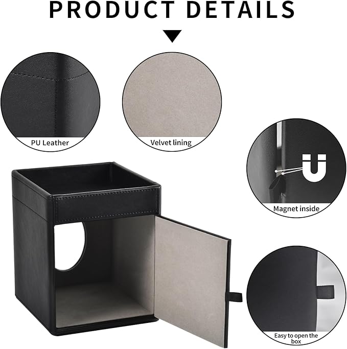 Tissue Box Cover Square Tissue Box Holder PU Leather Facial Tissues Organizer with Storage Tray for Bathroom Vanity Bedroom Office Car, Stylish Napkin Caddy Decorative Organizer (Black)