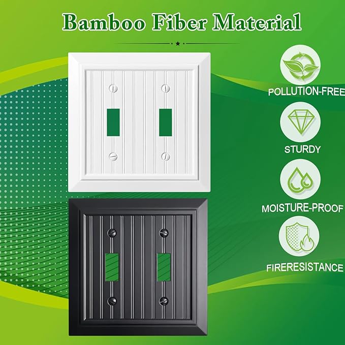 Beadboard Outlet Covers Wall Plates, Bamboo Fiber Light Switch Covers, Natural Material Electric Receptacle Decorative Switch Plate Outlet Cover (Pure White, 2 Gang Toggle 2 Pack)