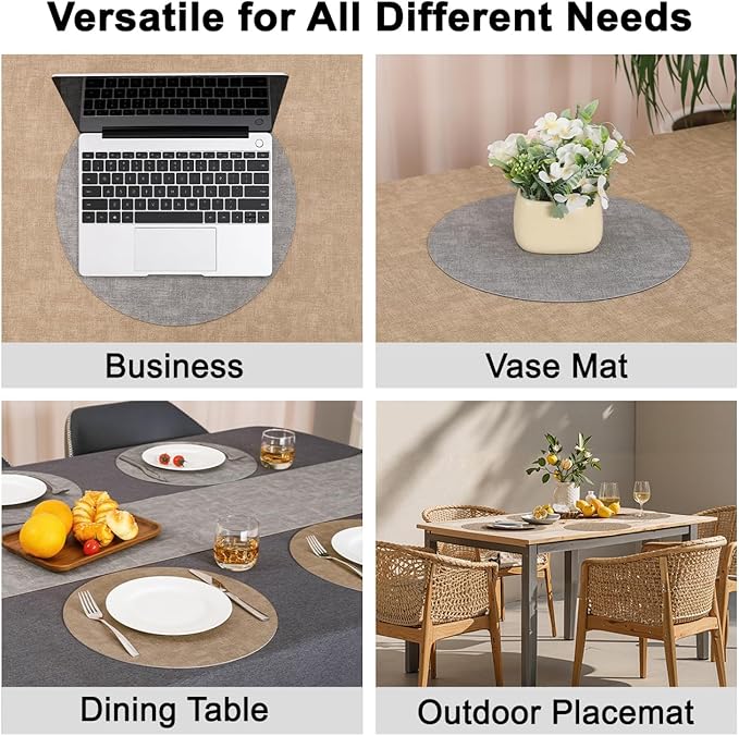 Myir JUN Reversible Vinyl Round Placemats Set of 4, Faux Leather Place Mats Dual Sided Waterproof Oilproof Wipeable, Heat-Resistant Table Mats for Kitchen Dining Indoor Outdoor (14", Light Gray Beige)