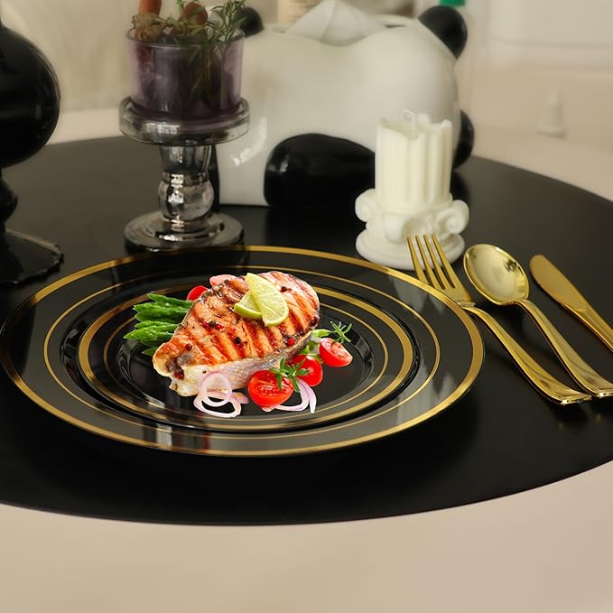 60 PCS Black and Gold Plastic Plates, Disposable Party Black Plates Include 30 10 inch Dinner Plate and 30 7 inch Dessert Plate Perfect for Holiday, Birthday, Wedding & Party
