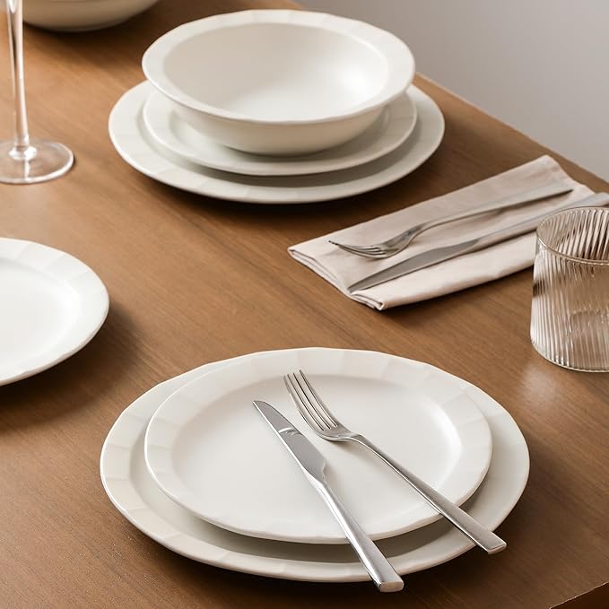 Stone Lain Oasis Stoneware 24 Piece Dinnerware Set, Home Kitchen Dish Set with Dinner Plates, Salad Plates & Bowls - Service for 8, White