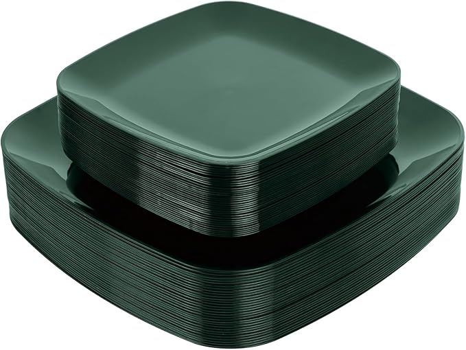PULOTE 60PCS Green Square Plastic Plates - Green Disposable for 30 Green Guests Include 30 Dinner and 30 Dessert Plates for Party&Christmas